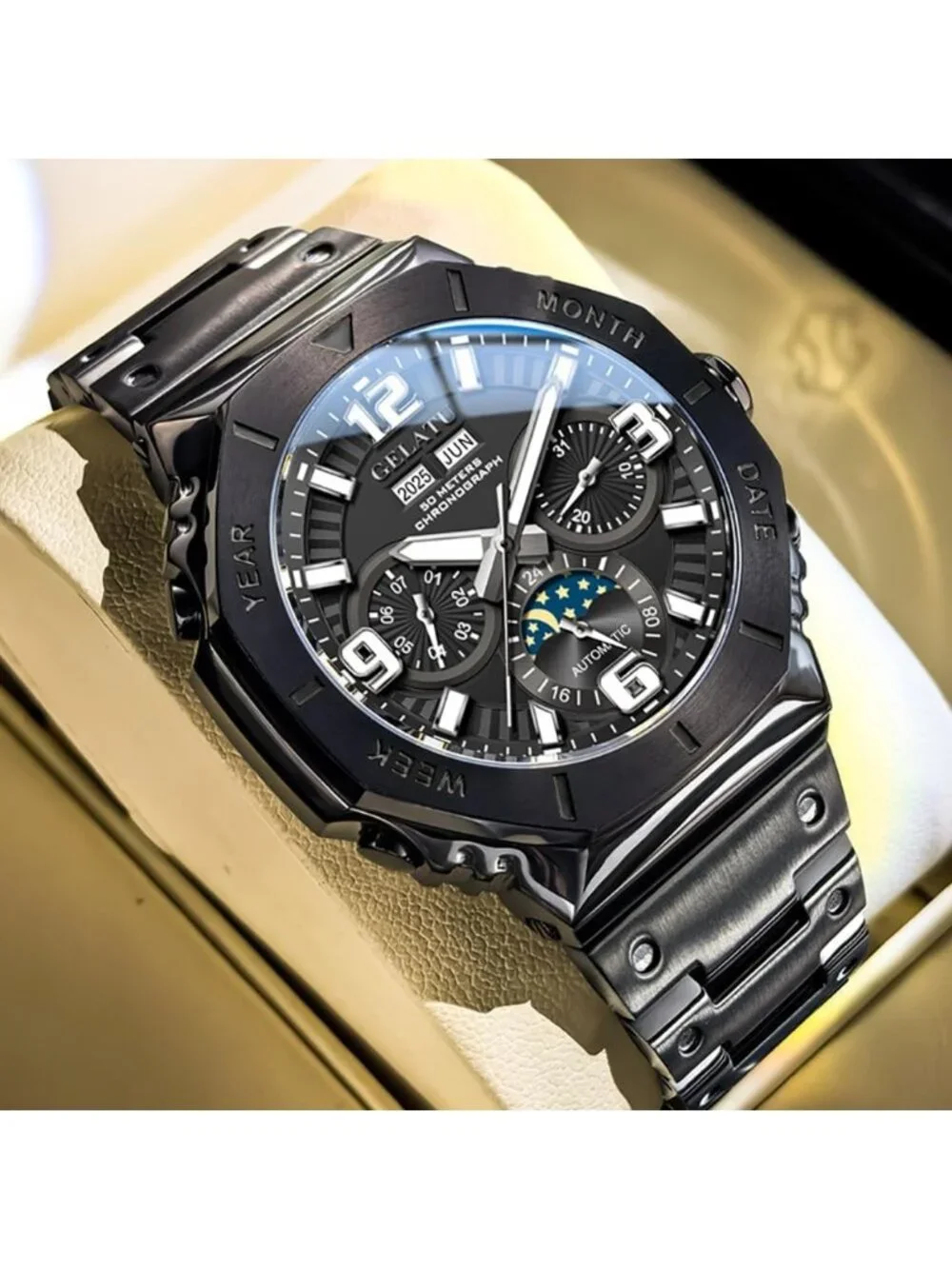 Men's Black & White Automatic Mechanical Multi-Function Chronograph Luxury Watch